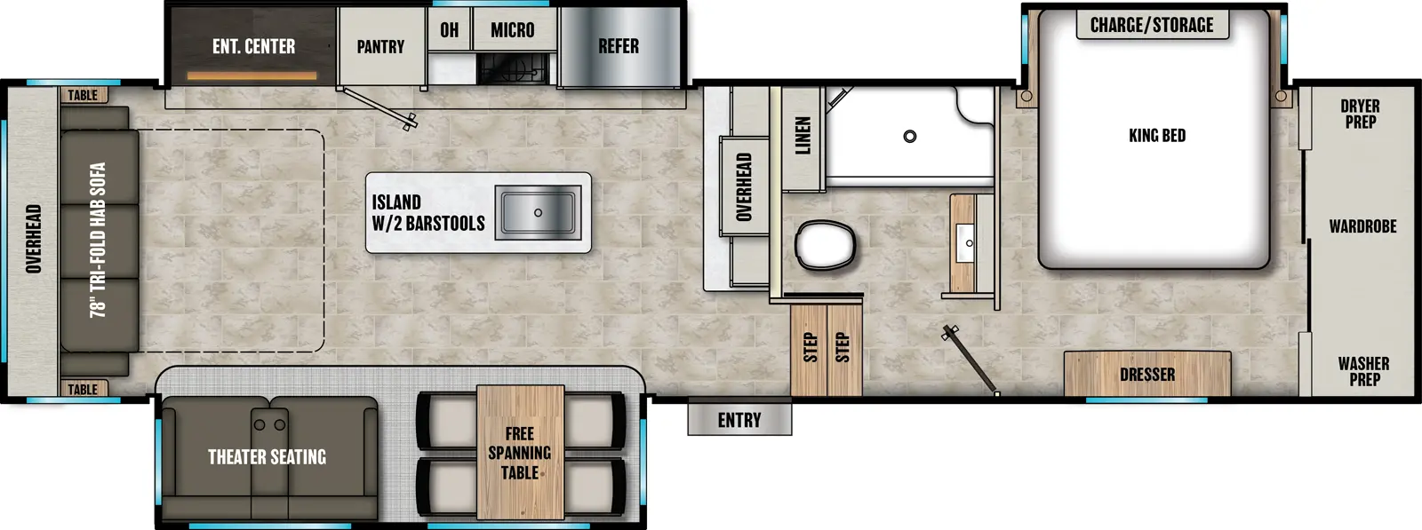 The Phoenix 336RL floorplan has one entry and three slide outs. Exterior features include: fiberglass exterior and 16' awning. Interiors features include: kitchen island, free-standing dinette option, front bedroom and rear living.